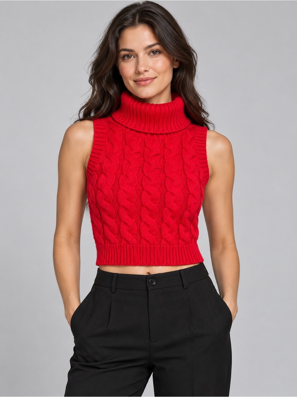 Cider Sleeveless Cable Knit Turtleneck Crop Sweater - Red